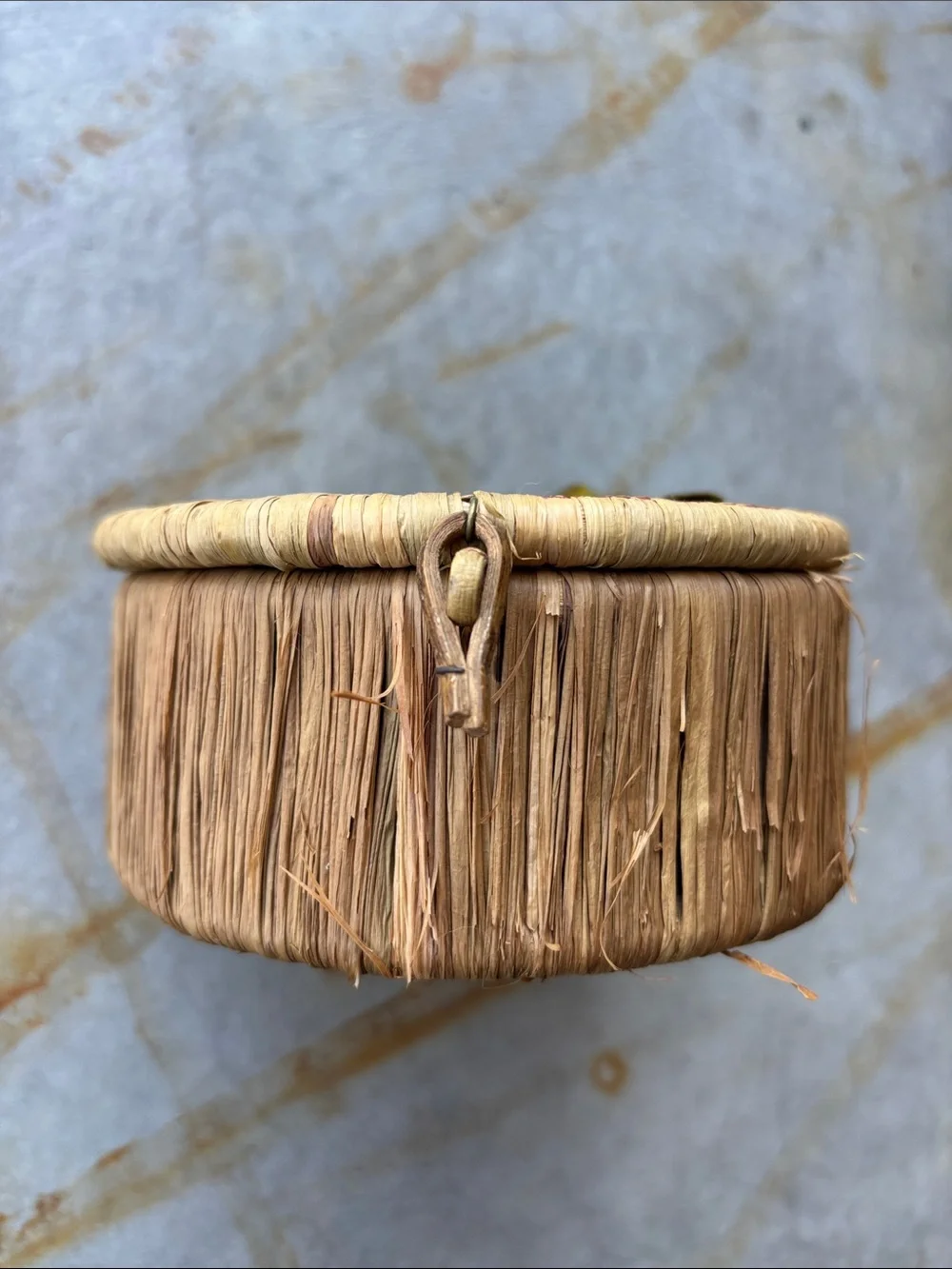 Vintage Raffia Round Trinket Sewing Box with Portrait Medallion